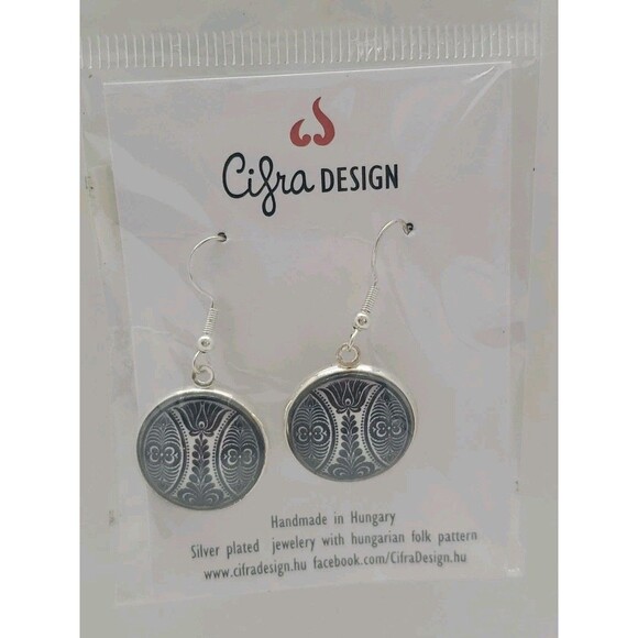 Cifra DESIGN Earrings Silver Plate Hungarian Follk  Pattern Dangle Drop Boho - Picture 1 of 6
